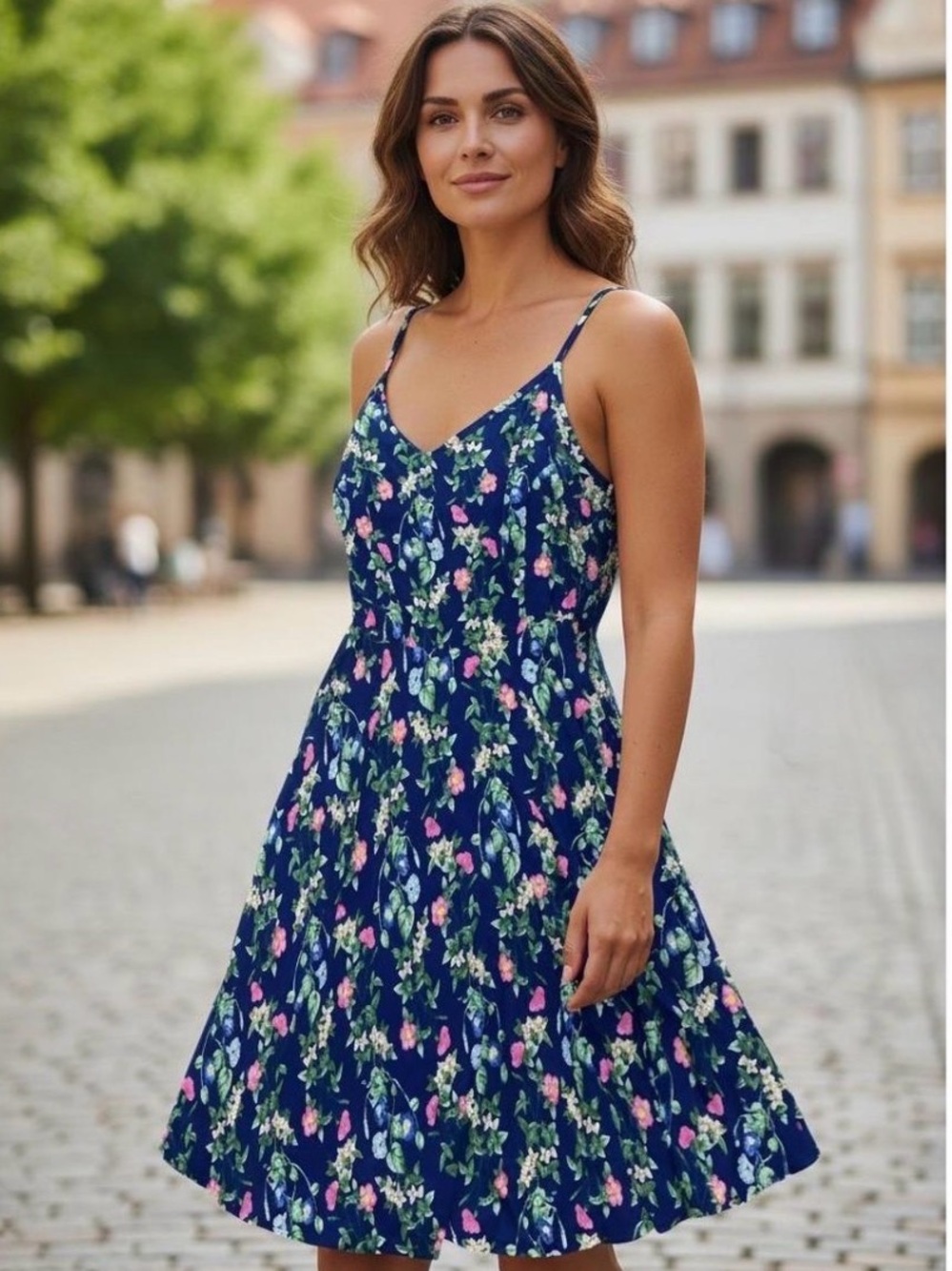Old Navy Fit & Flare Cami Royal Blue Floral Mini Dress Sz L Cottagecore Coquette